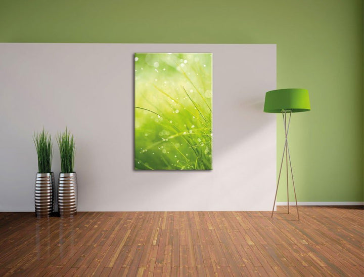 Pixxprint Nasses Gras, Format: 100x70 auf Leinwand, XXL riesige Bilder fertig gerahmt mit Keilrahmen