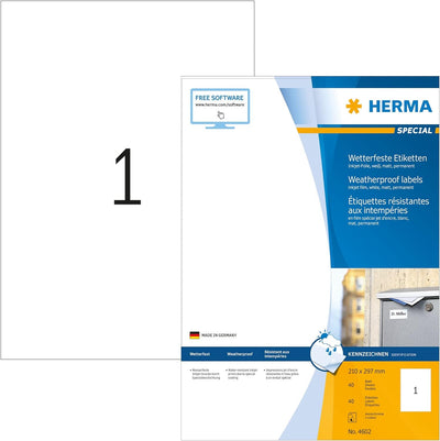 HERMA 4602 Wetterfeste Folienetiketten für Inkjet Drucker, 40 Blatt, 210 x 297 mm, 1 Stück pro A4 Bo
