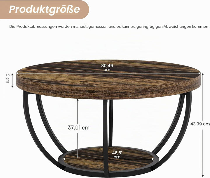 Tribesigns Runder Couchtisch, industrieller 2-stöckiger runder Couchtisch mit Ablagen, moderner 80,5