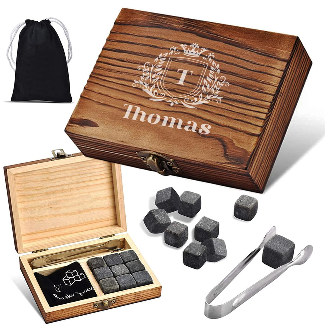4-TLG Whisky Steine Set - in gravierter Holzbox - mit 9x Kühlsteine + 1x Zange + 1x Beutel - wiederv