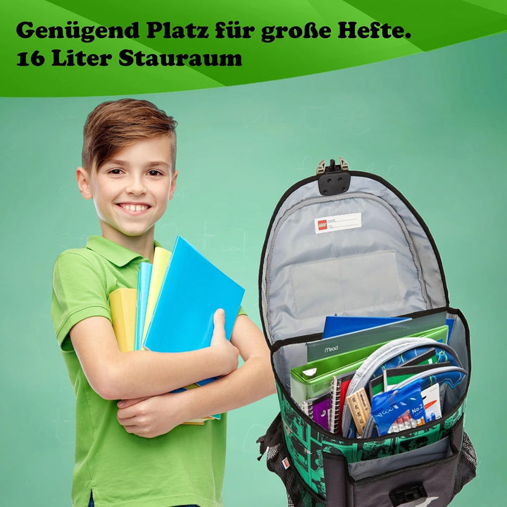 Lego Ninjago Schulranzen-Set Easy Green 8tlg. Set mit Federmappe, Regenschutz und Dose und Flasche,
