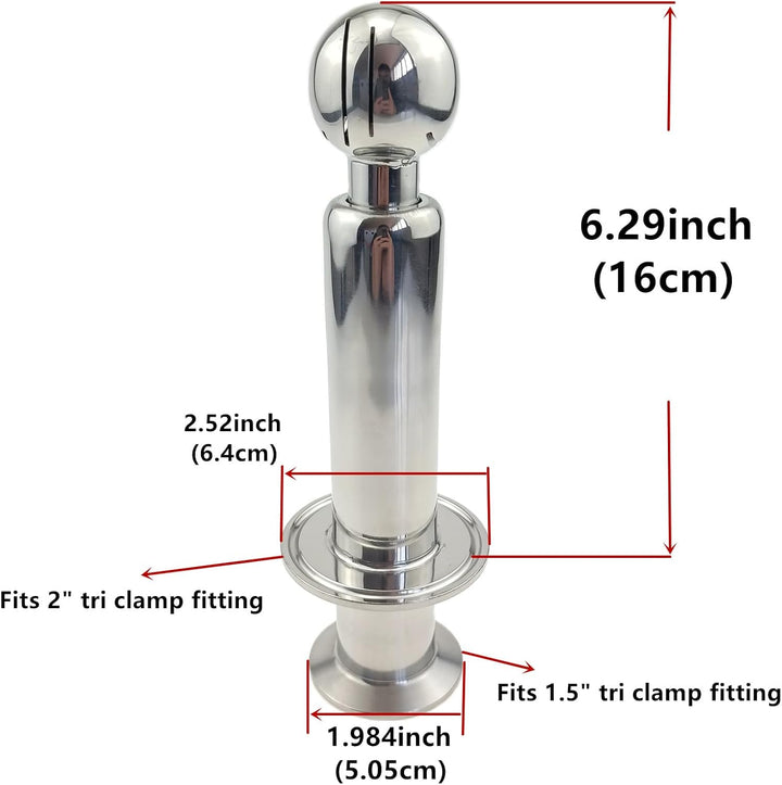 1.5" Tri Clamp auf 2" Tri Clamp Rotierender CIP Sprayball Edelstahl AISI304/1.4301 (1.5"TC x 2"TC),