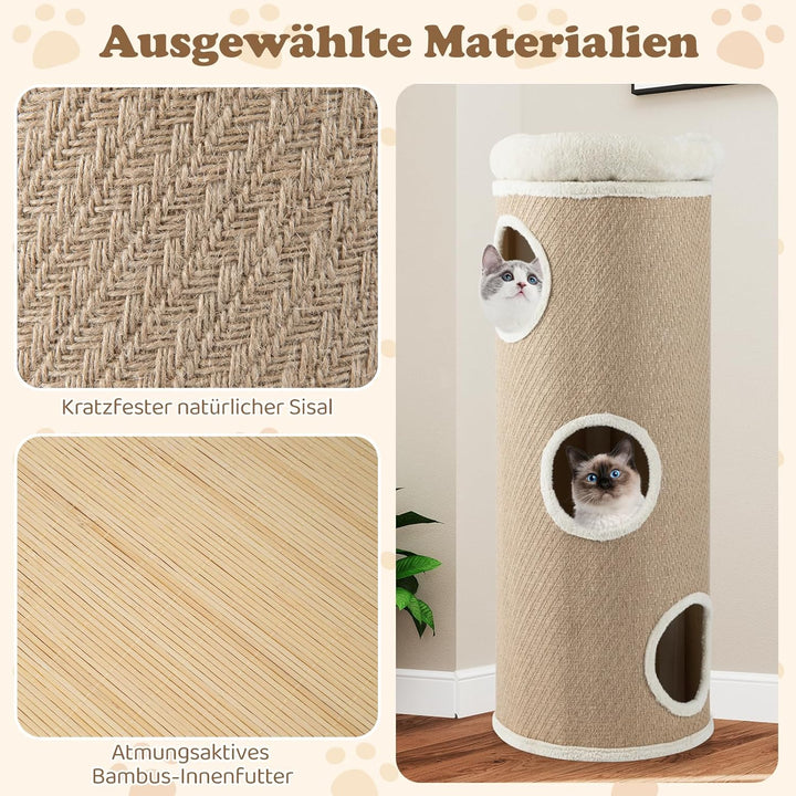 GYMAX Kratztonne Ø 40 cm, Höhe 103 cm, 3-stöckige Katzentonne mit gepolsterter Aussichtsplattform, 2
