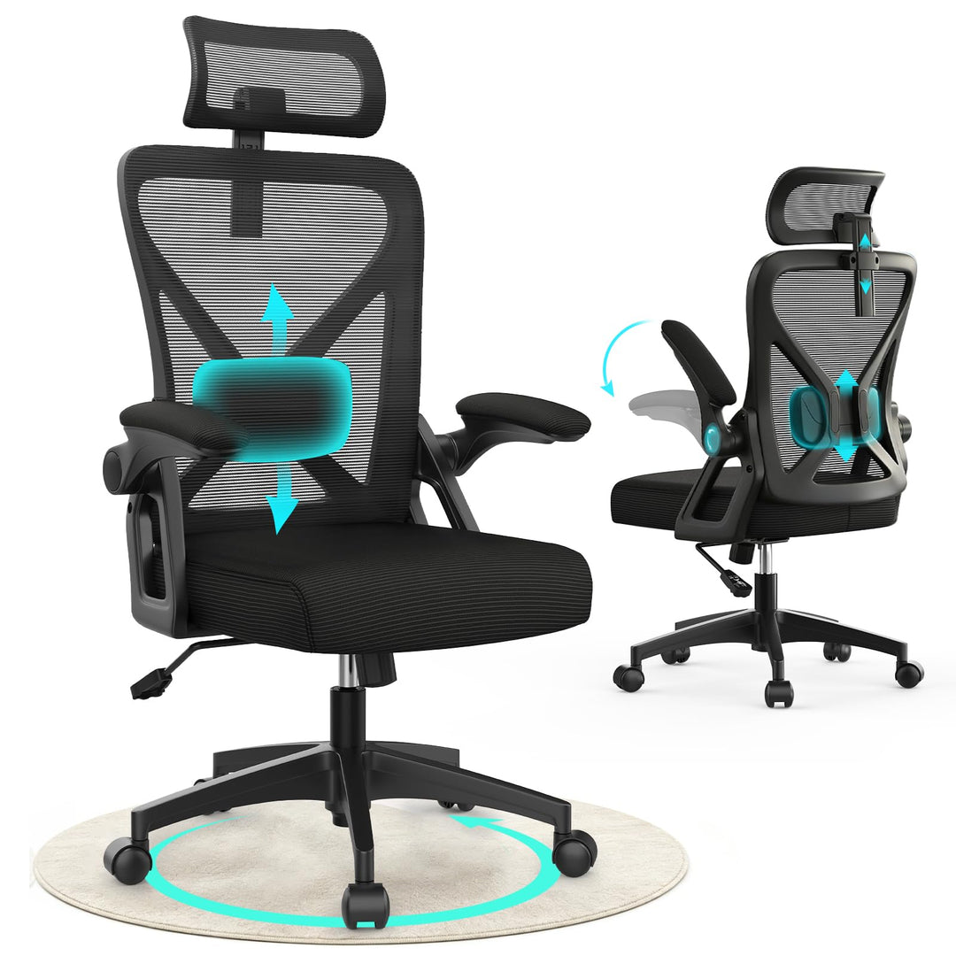Bürostuhl, ergonomischer Schreibtischstuhl mit gepolsterter Lendenwirbelstütze und hochklappbaren Ar