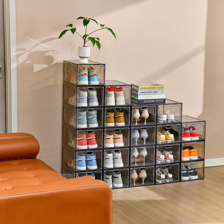 Schuhaufbewahrung, stapelbare Schuhboxen für Schrank, Kunststoff-Schuhbox mit grauer Tür, einfach zu