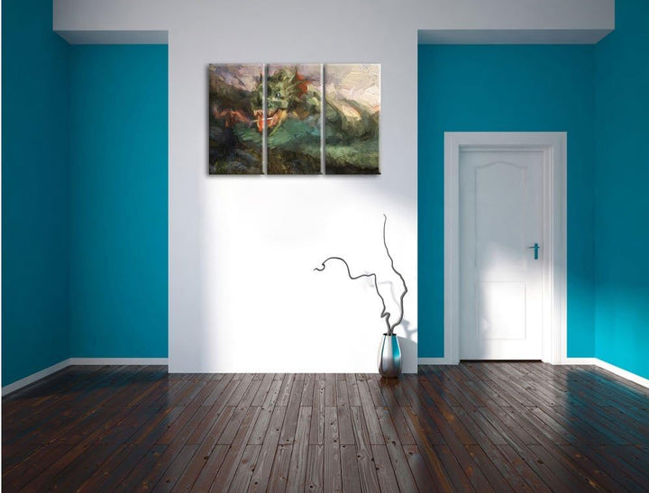 Pixxprint Drache kämpft gegen Krieger / 3-Teilig/Gesamtmass 120cm Leinwandbild bespannt auf Holzrahm