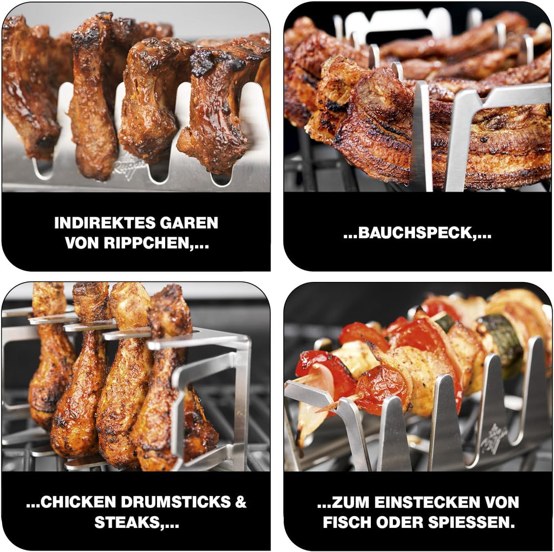 BBQ Rescher Bavarian Rescher Multi Grill Rack Robustes Edelstahl | Idealer Winkel für Fleisch, Ganz