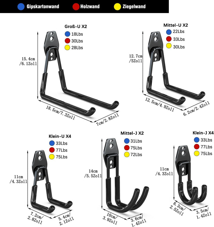 3-H 14 Stück Wandhaken Garage Haken Schwerlast Doppelhaken Multi Grösse Garage Storage Hooks für Lei