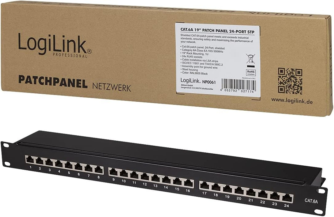 LogiLink Professional PrimeLine Cat.6A (500 MHz) Patchpanel schwarz, 19", STP (geschirmt) 24-Port (R