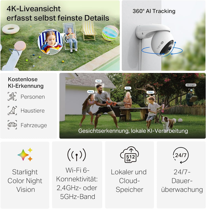 Tapo C560WS 4K 360° WLAN-Überwachungskamera für aussen, Wi-Fi 6 Dual-Band, Farbnachtsicht, kostenfre
