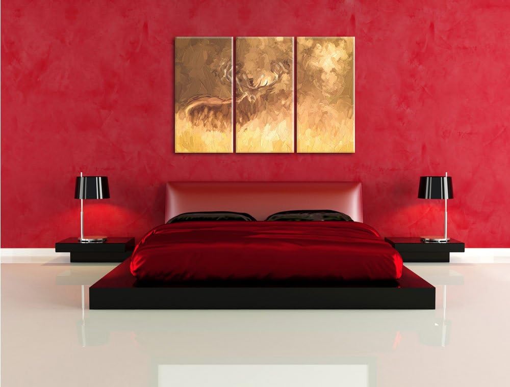 Pixxprint Rotwild im Morgenlicht / 3-Teilig/Gesamtmass 120cm Leinwandbild bespannt auf Holzrahmen/Wa