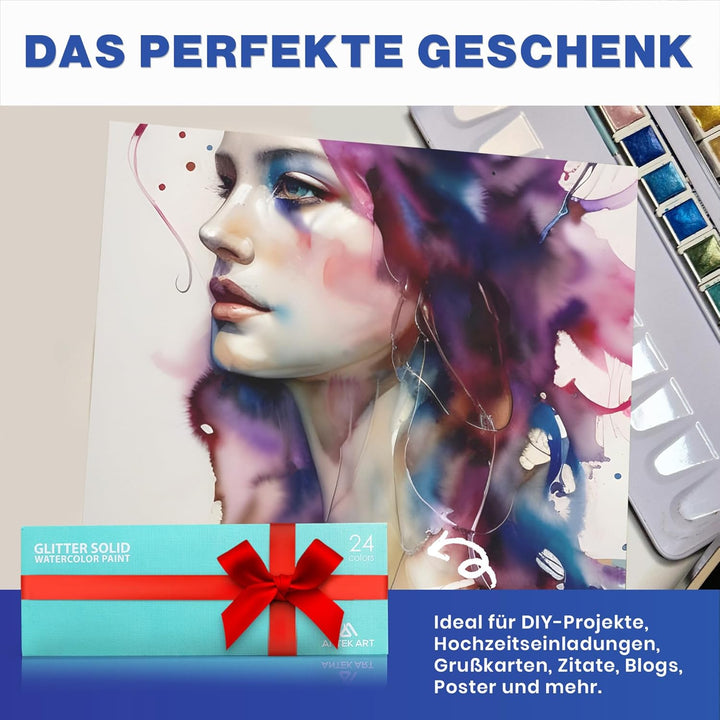 Aquarellfarben Set [24x Metallic Glitzerfarben] – Aquarell Set unterwegs im Metallkoffer inkl. Misch