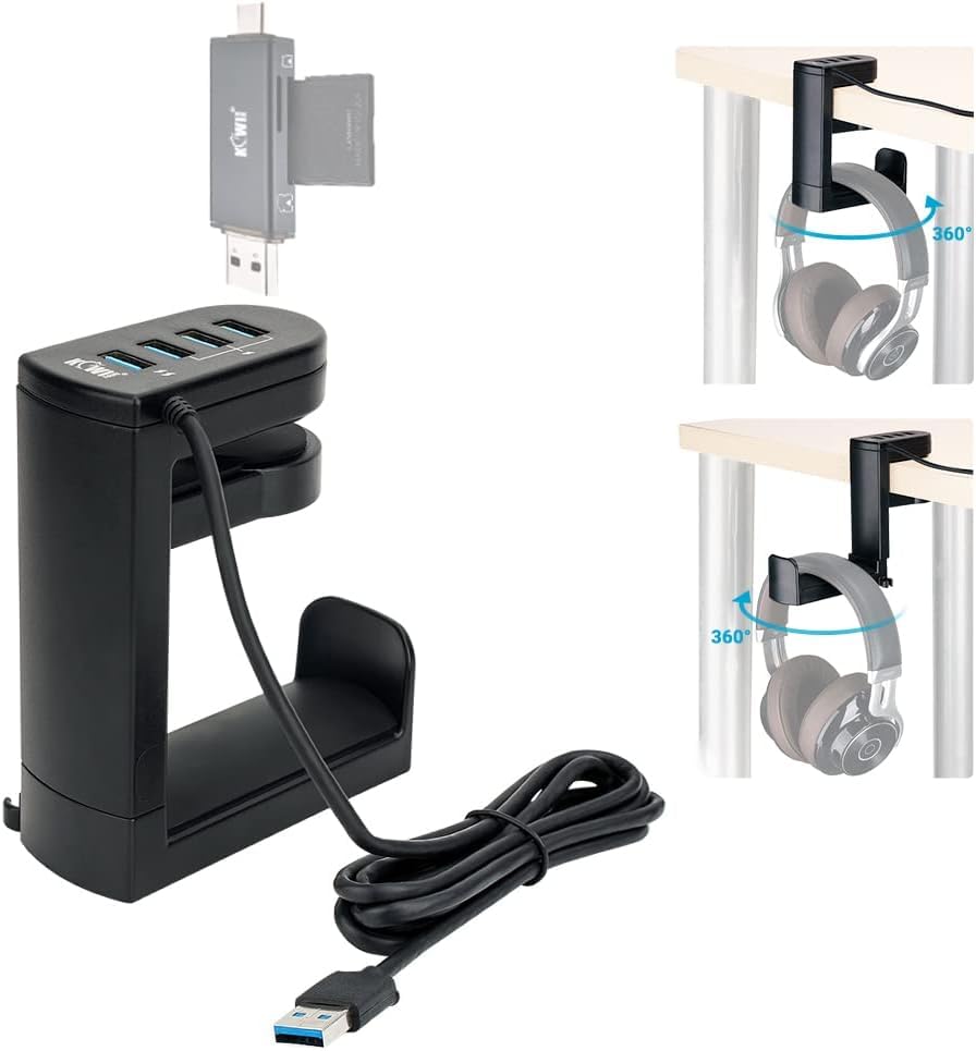 KIWIFOTOS 2-in-1-Kopfhörerständer unter dem Schreibtisch mit 4 Anschlüssen USB-Hub-Organizer, Headse