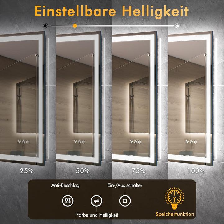 Badspiegel mit Beleuchtung, 50x70cm LED Spiegel mit Licht, 3 Farben Dimmbar, Antibeschlag, Memory-Fu