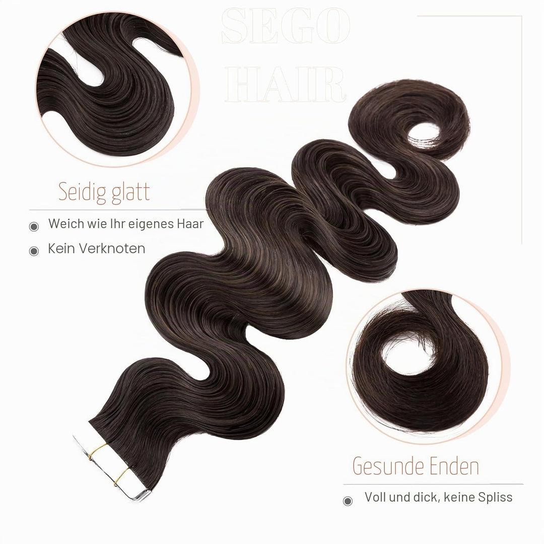 SEGO Tape Extensions Echthaar 20 Pcs Gewellt 40 cm #02 40 cm Dunkelbraun#2, 40 cm Dunkelbraun#2