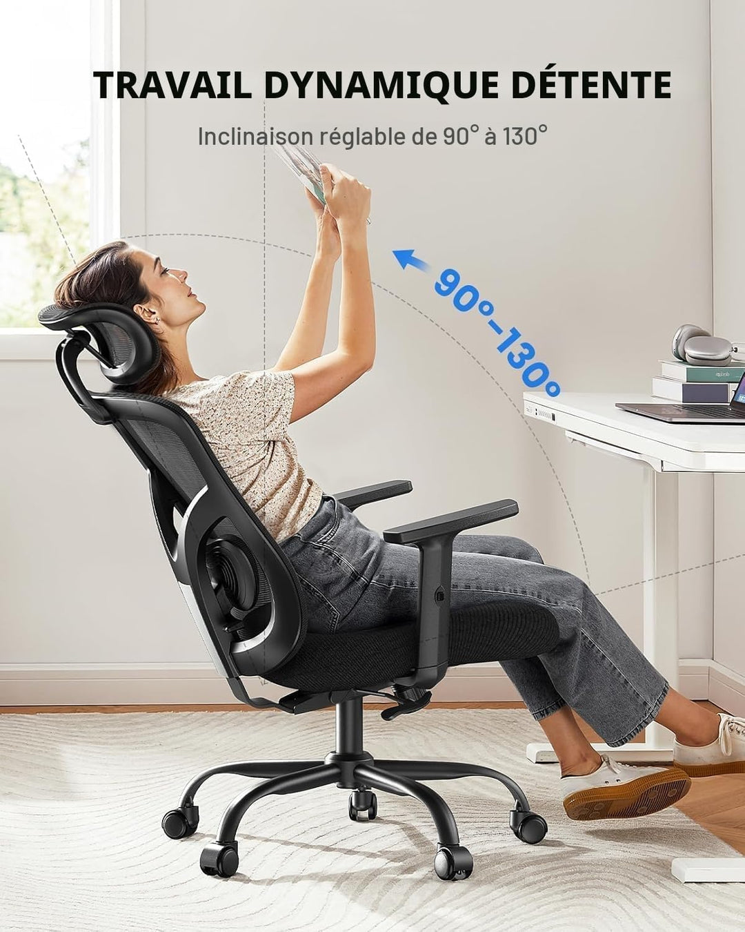 NOBLEWELL Bürostuhl Ergonomisch mit Stummrädern, Schreibtischstuhl mit Wippfunktion &amp; verstellbare H