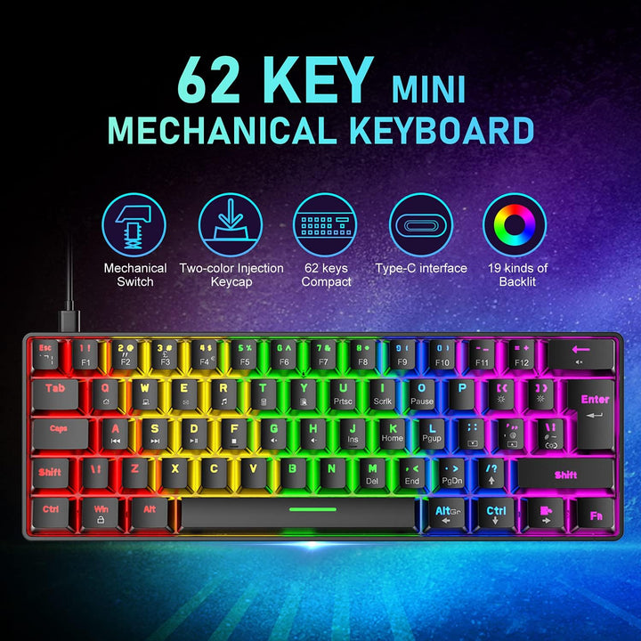 60% UK-Layout Kabelgebundene Gaming-Tastatur und -Maus 62Keys kompakte mechanische Tastatur, 19 Rege