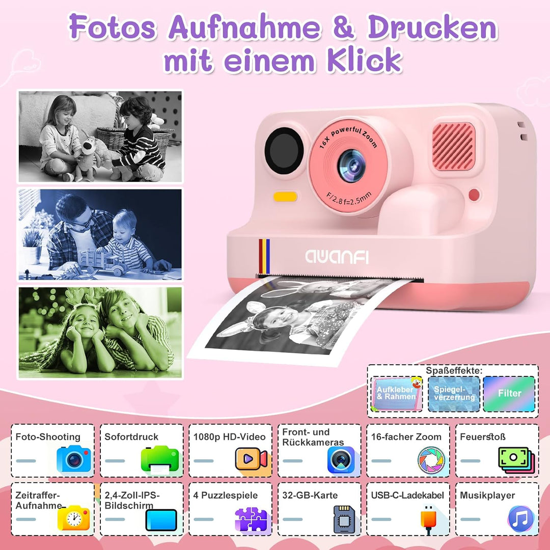 Kinderkamera Sofortbildkamera, 2,4 Zoll Sofortbildkamera Kinder mit 32GB Karte & 3 Rollen Druckpapie