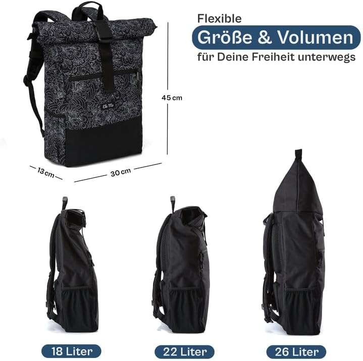 Ela Mo® Rolltop Rucksack Damen - Rollrucksack Anti Diebstahl für Sport & Reisen - Laptoprucksack für