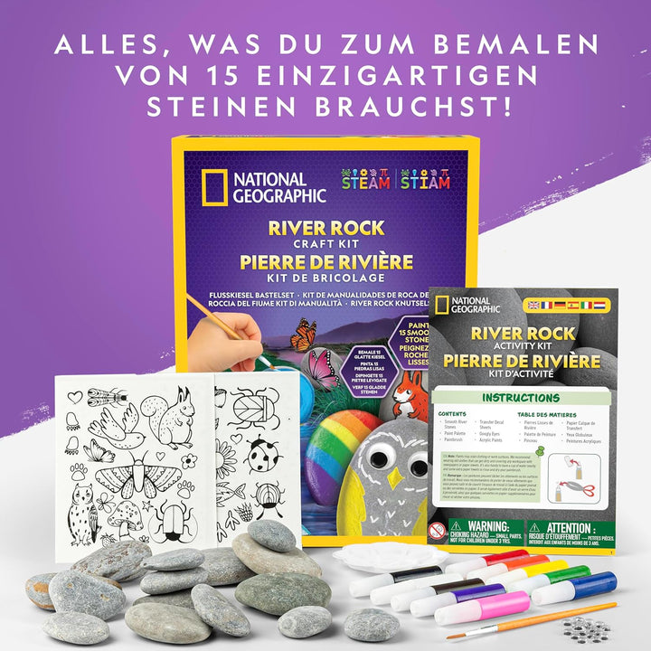 NATIONAL GEOGRAPHIC Steine Bemalen Set – Bastelset für Kinder, 15 Flusssteine mit 10 Farben &amp; Zubehö