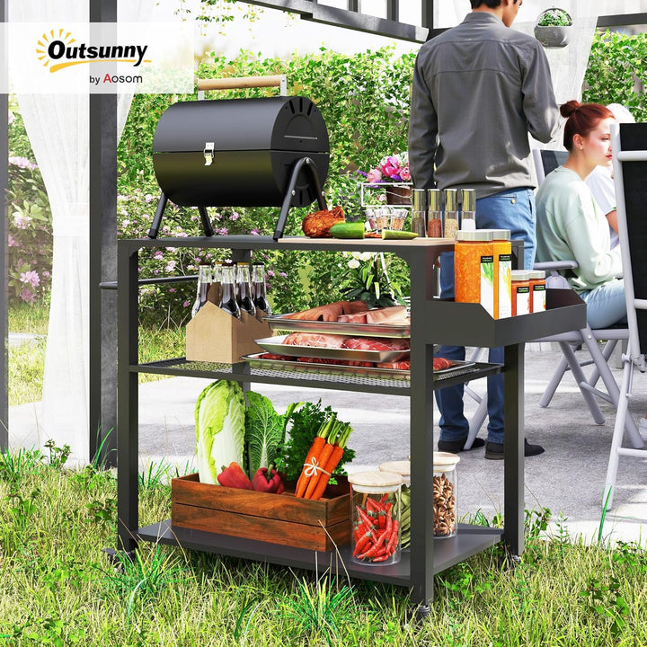 Outsunny Grillwagen 3-Etagen Servierwagen mit Arbeitsfläche Ablagen Räder, BBQ Grilltisch aus Edelst