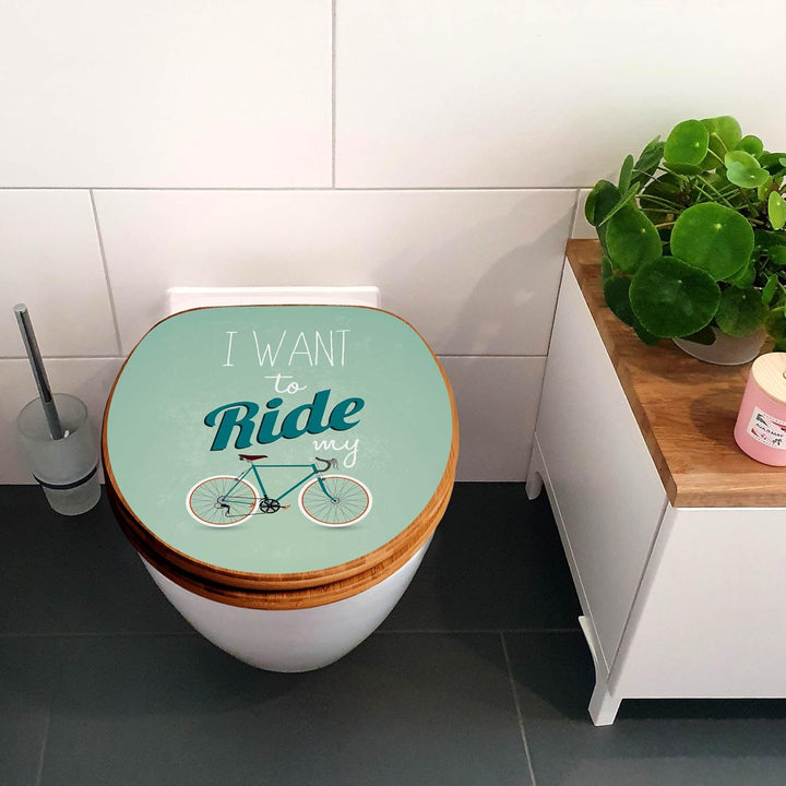 banjado® Design WC Sitz Bambus Absenkautomatik mit Motiv Ride my bike/Toilettendeckel mit Absenkauto