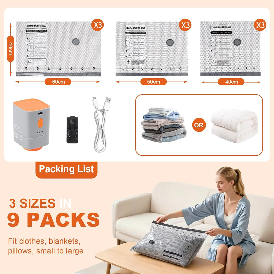 Vakuumbeutel Set mit kabelloser Vakuumpumpe – 9 Stück (3x 40x40cm, 3x 40x50cm, 3x 40x60cm) – Platzsp
