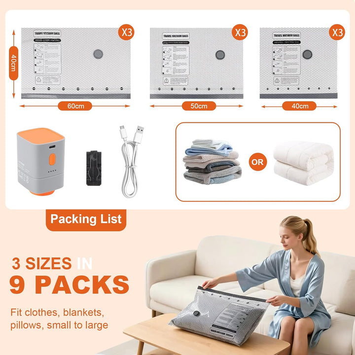 Vakuumbeutel Set mit kabelloser Vakuumpumpe – 9 Stück (3x 40x40cm, 3x 40x50cm, 3x 40x60cm) – Platzsp