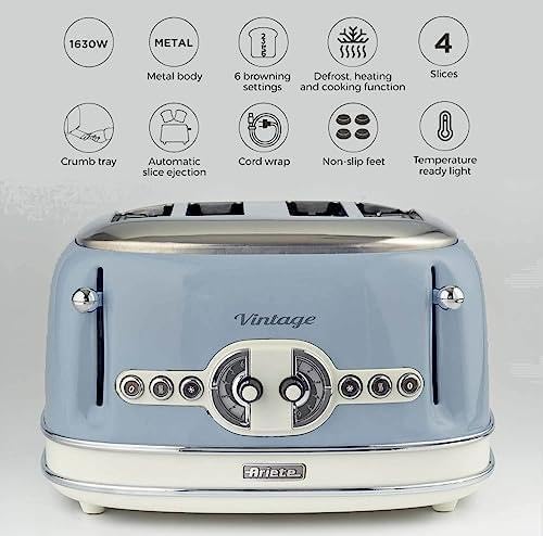 Ariete,156 Toaster im Vintage-Design für 4 Scheiben, 1600 W, 6 Toaststufen, aus lackiertem Edelstahl
