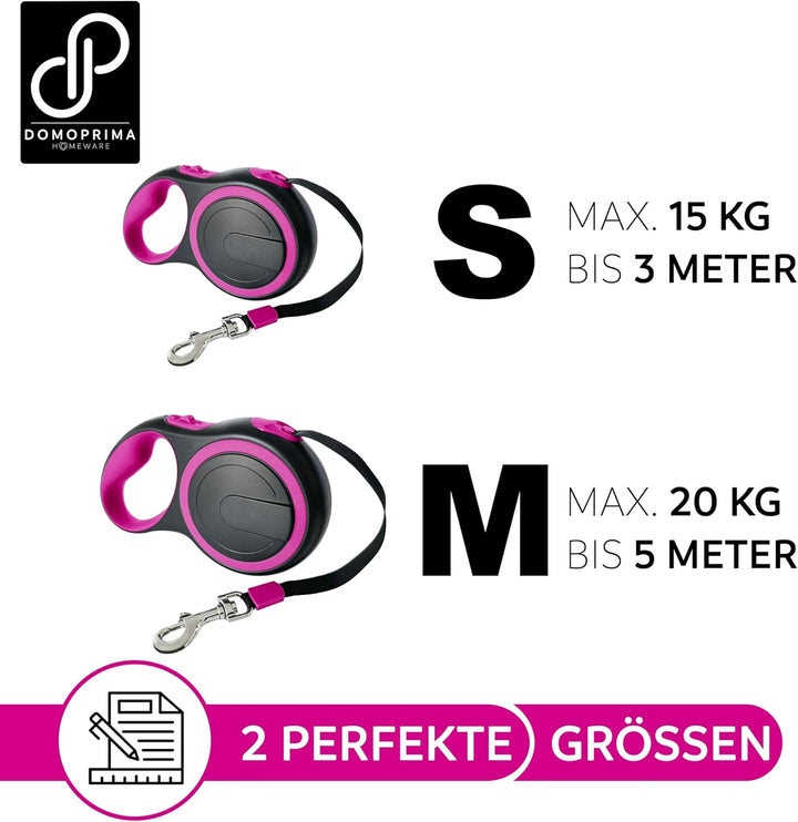 DOMOPRIMA Flexible Hundeleine 5 Meter, 3 Grössen (S,M,L), 4 Farben (grau, blau, grün, pink) - Rollle