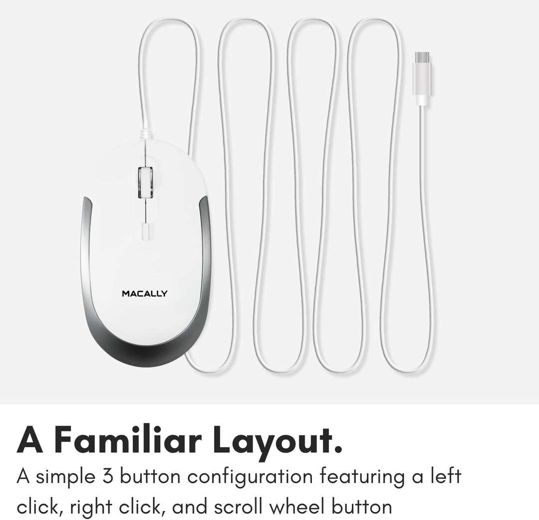 Macally USB-C Maus für Mac & Windows, 3 Tasten und Scrollrad, USB-Typ-C, beidhändiges Design, kompak