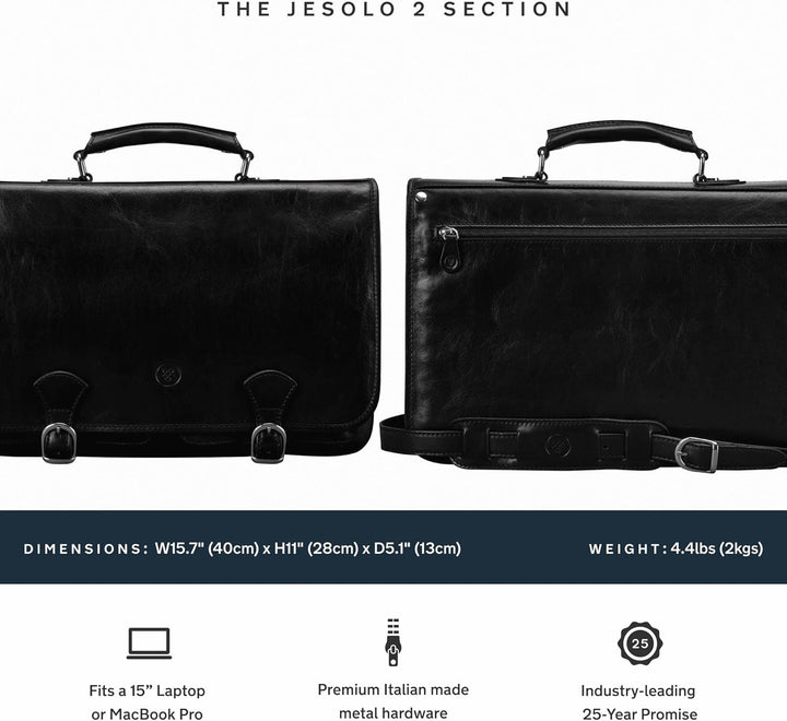 Maxwell Scott Klassische Italienische Herren Leder Aktentasche Jesolo2 in Schwarz, Schwarz