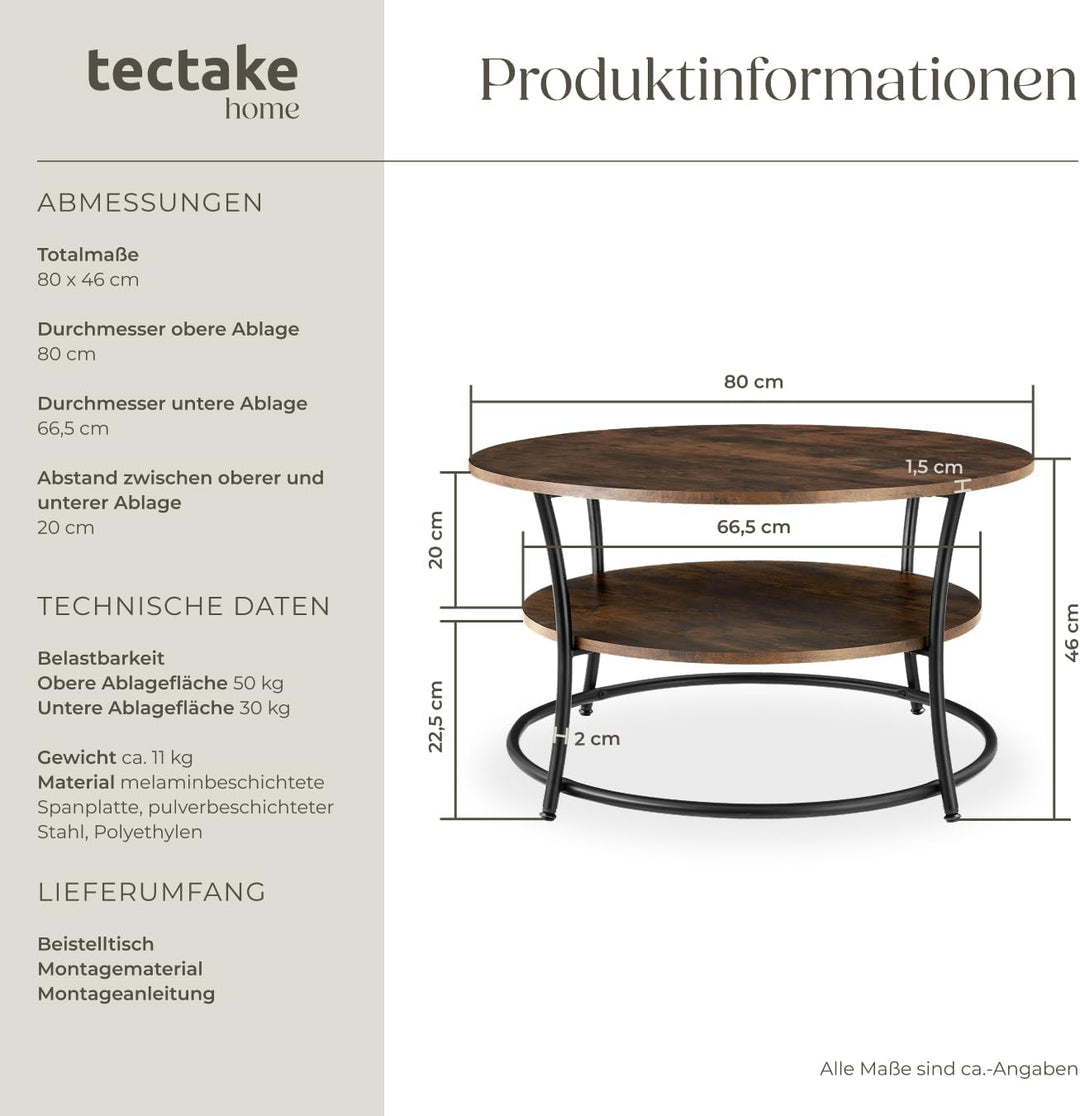 tectake® Tisch rund, 2 Ablagen, Wohnzimmertisch Ø 80, Couchtisch mit Stauraum, Beistelltisch Holz un
