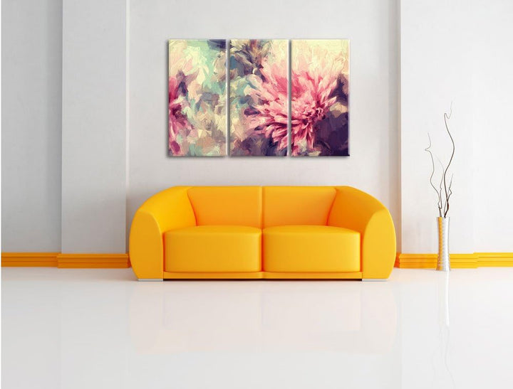 Pixxprint Romantische Blumen Pinsel Effekt 3-Teiler Leinwandbild 120x80 Bild auf Leinwand