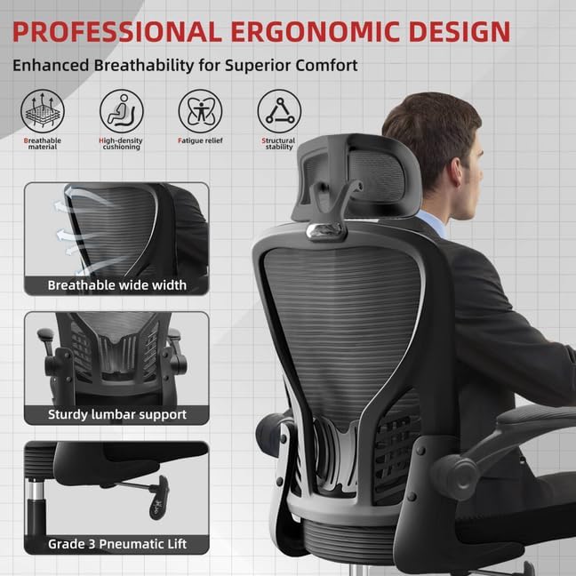 Ergonomischer Bürostuhl mit verstellbaren Kopfstützen und Armlehnen, Lendenwirbelstütze, atmungsakti
