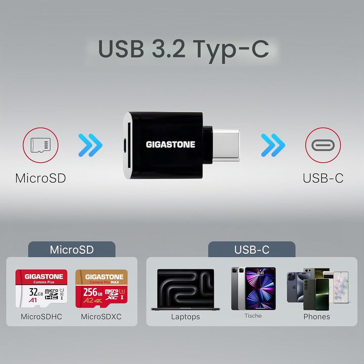 [5 Jahre kostenlose Datenrettung] GIGASTONE 256GB Micro-SD-Karte mit USB 3.2 Typ C Kartenleser, 4K C