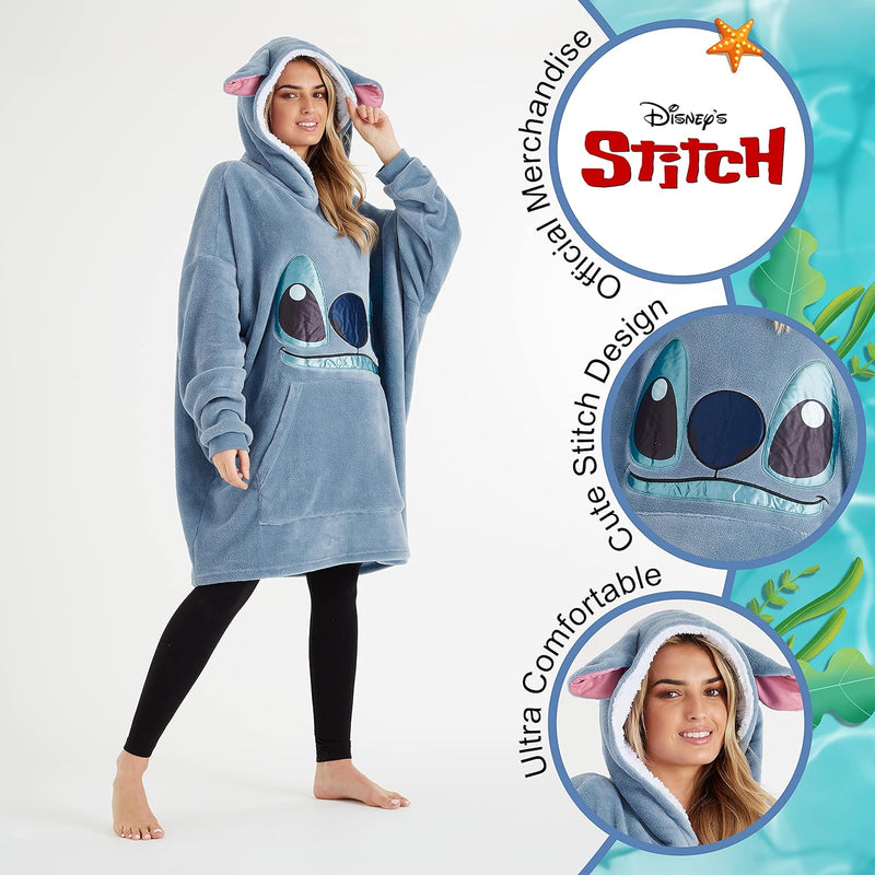 Disney Übergrosse Hoodie Decke Damen Stitch Oversized Kapuzenpullover Madchen, Blau