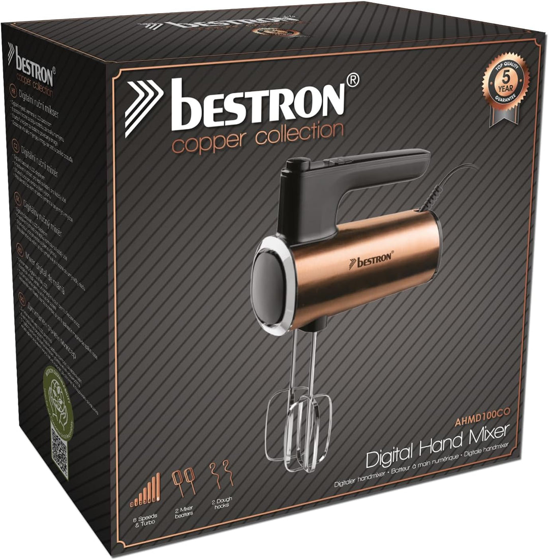 Bestron Power Handmixer, Leistungsstarker Handmixer mit 6 Stufen, Turbo-Funktion & LCD-Display, Rühr