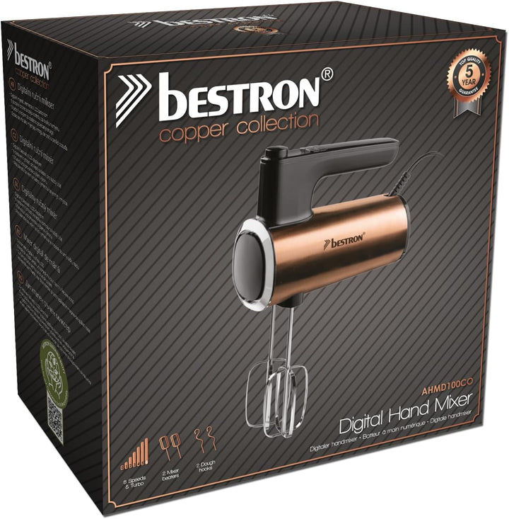 Bestron Power Handmixer, Leistungsstarker Handmixer mit 6 Stufen, Turbo-Funktion & LCD-Display, Rühr