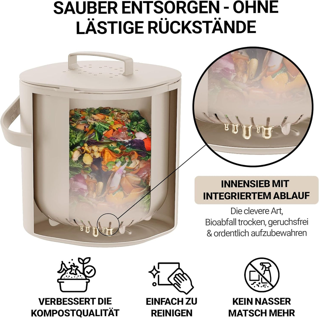 PTMS® Biomülleimer Küche 6L - Biomüll mit Aktivkohlefilter & Deckel zum Einhängen - geruchsdicht, sp