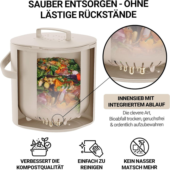 PTMS® Biomülleimer Küche 6L - Biomüll mit Aktivkohlefilter & Deckel zum Einhängen - geruchsdicht, sp