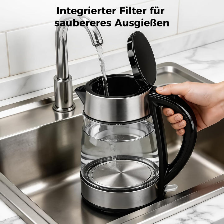 YASHE Wasserkocher Glas 1,7L 2200W Schnellkochend Mit LED-Licht | Edelstahlboden, Kalkfilter, Abscha