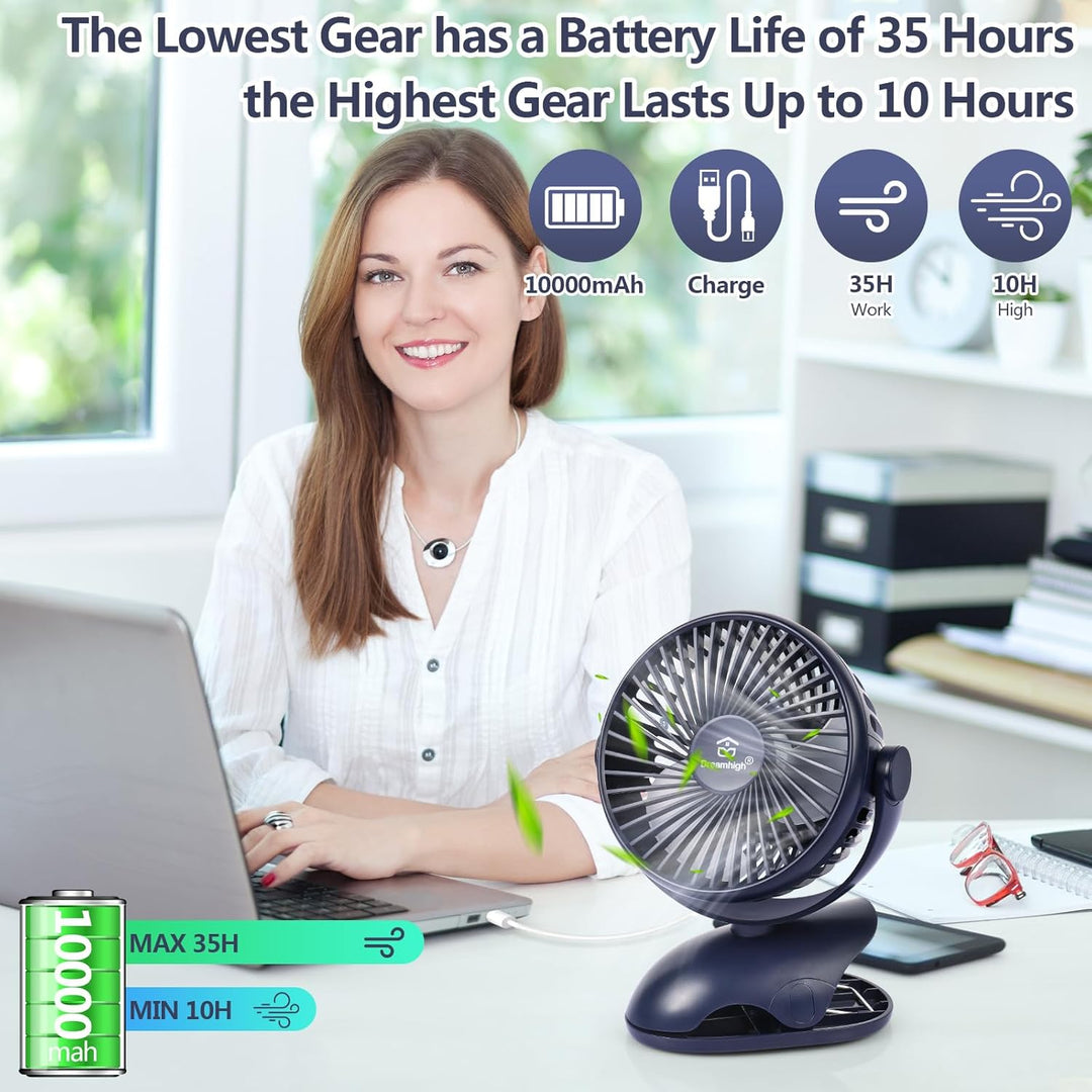 Dreamhigh® USB Ventilator 10000mAh, Maximale Akkulaufzeit 35 Stunden, 360° Drehung Mini Ventilator A