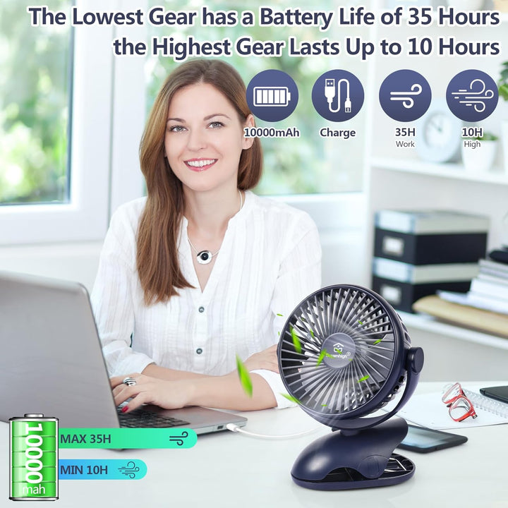 Dreamhigh® USB Ventilator 10000mAh, Maximale Akkulaufzeit 35 Stunden, 360° Drehung Mini Ventilator A