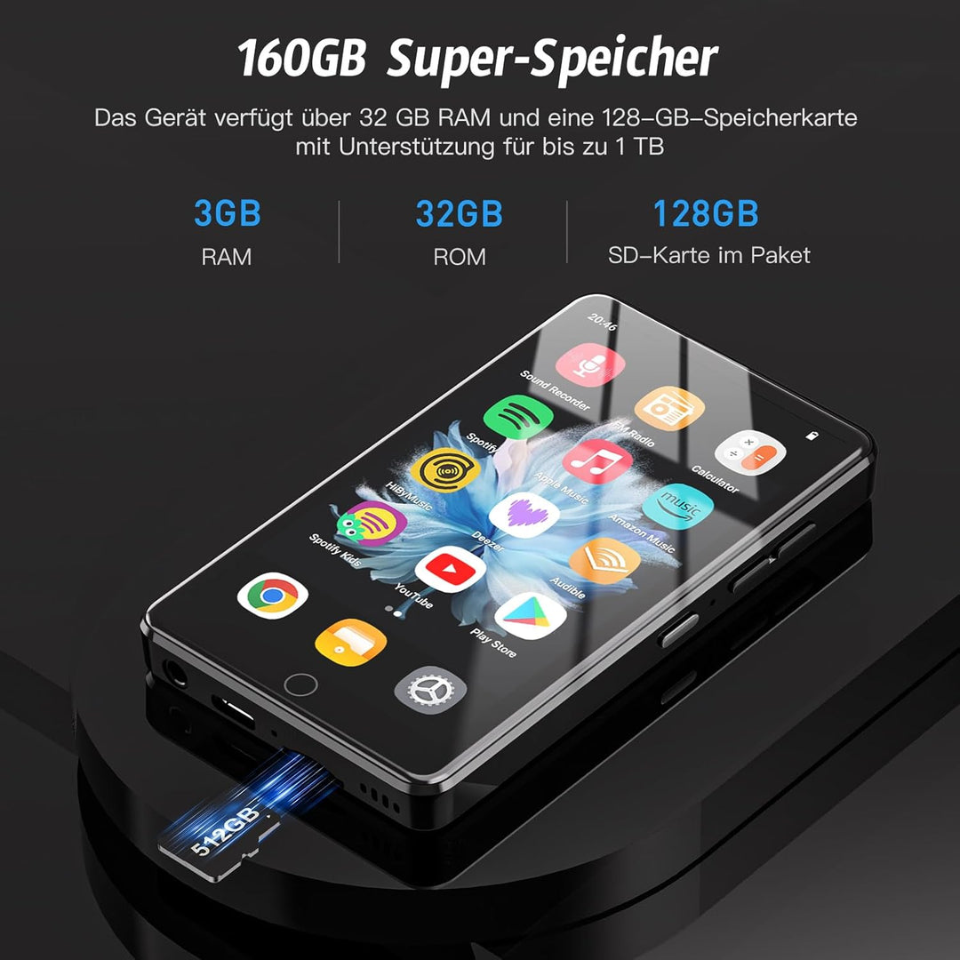 160 GB MP3 Player mit Android 13 OS, 4.02 Zoll MP3 Player mit Bluetooth und WiFi, 1080P HD MP4 Playe
