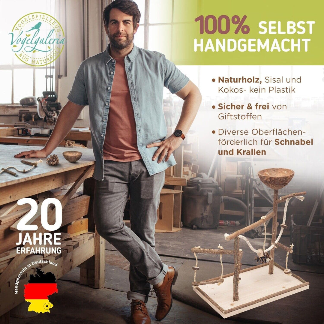 Vogelgaleria Luxus Vogelspielplatz aus Natur Holz mit Abnehmbarer Futterschale | Ideales Spielzeug b