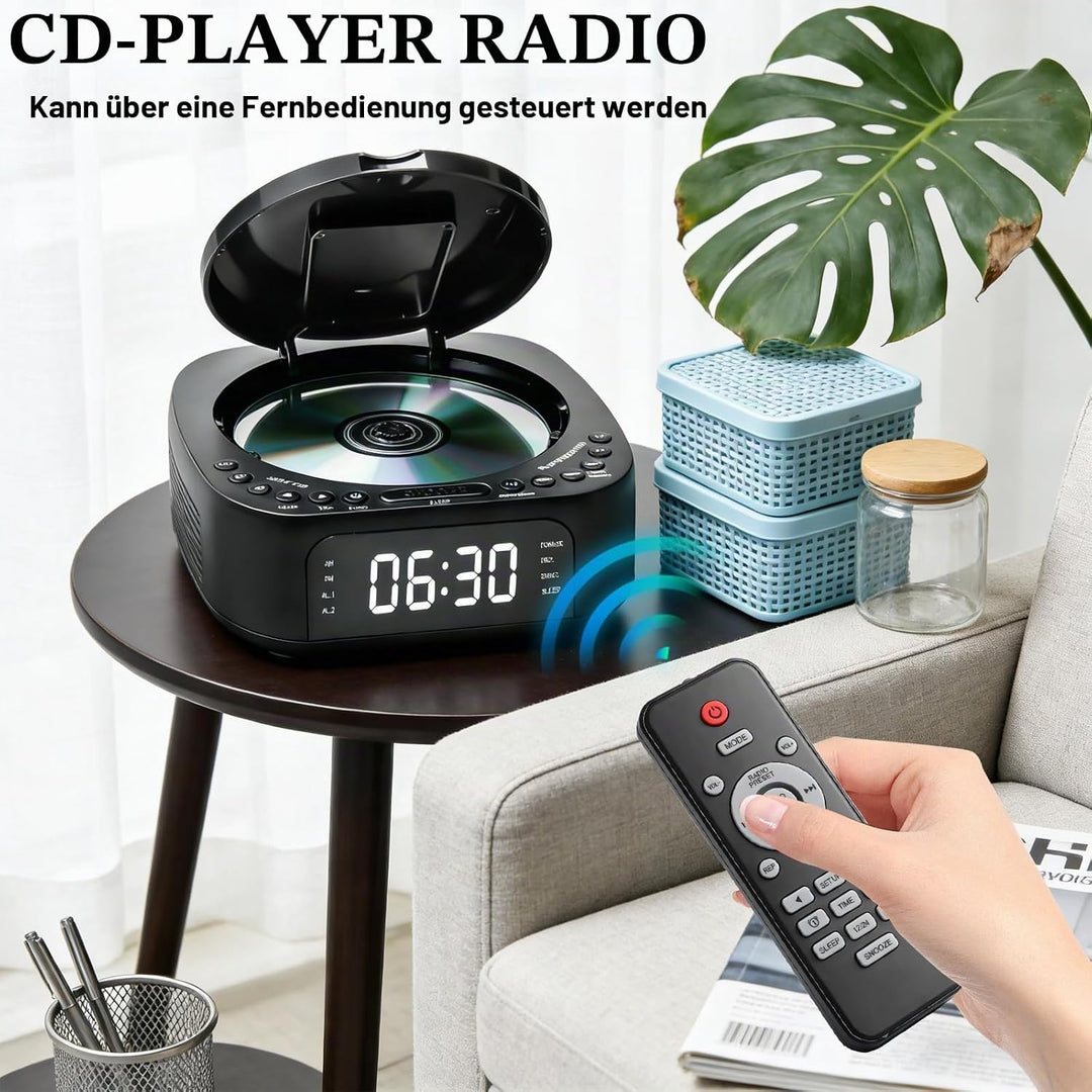 CD Player Tragbar mit Bluetooth, FM Radio, MP3 CD-Player mit Dual Stereo Lautsprecher, Wecker, Sleep