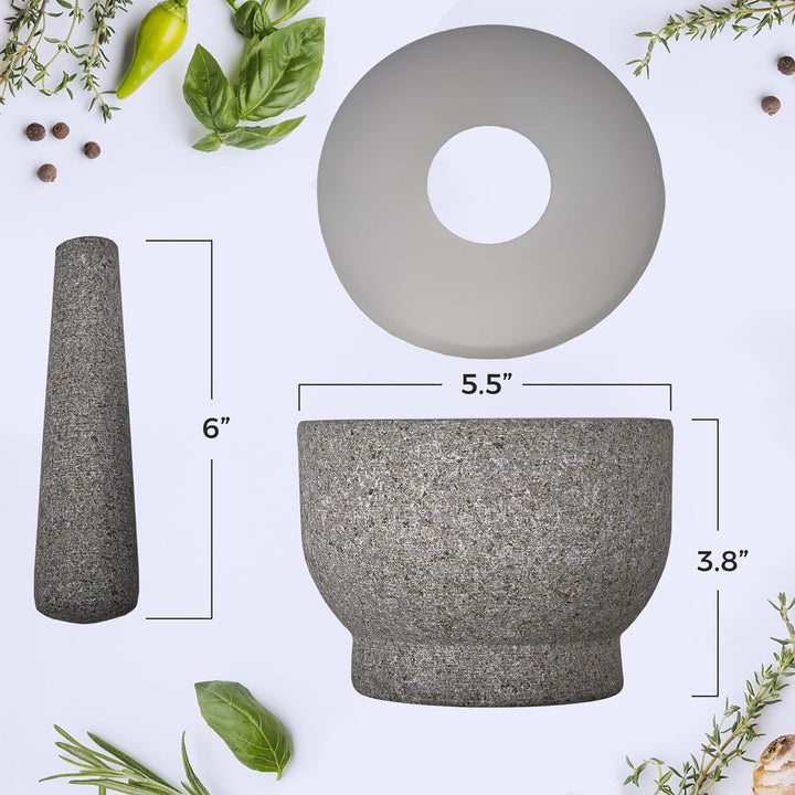15,2 cm Granit-Mörser und Stössel – 2 Tassen Fassungsvermögen, unpolierter Granit-Molcajete mit Sili