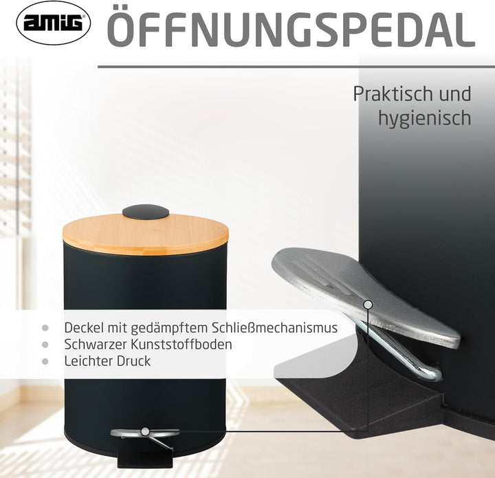 Amig - Kosmetikeimer mit Pedal 5L Naturline - Schwarz und Bambus - Hygienische Öffnung - Ø20 x 26 cm