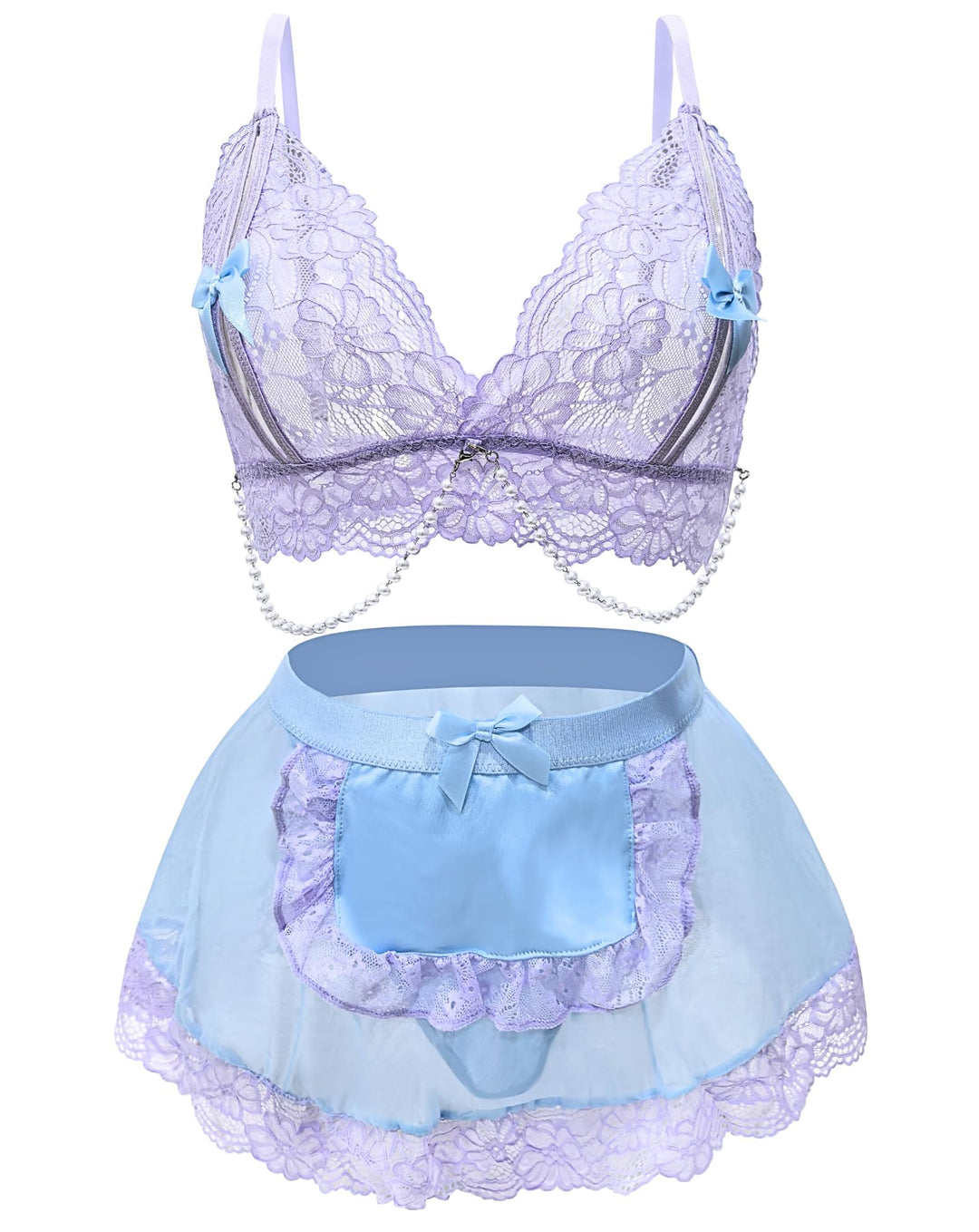 Frauen Sexy Dessous Blumenspitze Lingerie Mädchen Outfit Uniform Bogen Kostüm Süsses Kleid Perlenket